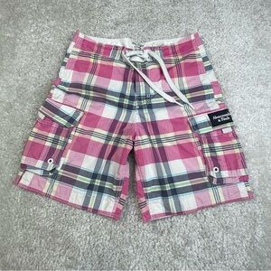 Abercrombie & Fitch Men’s Pink Plaid Lined Cargo Shorts Utility Y2K preppy med